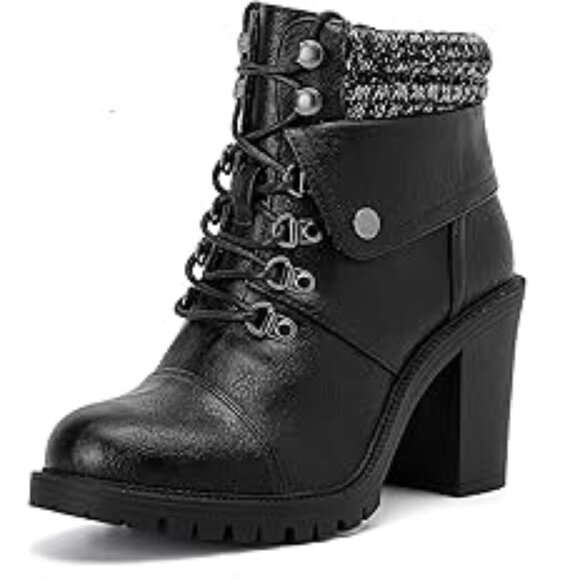 Women's Wide Width Combat Boots - Extra Wide Width High Heel Side Zipper-Black - Picture 2 of 6